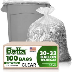 Betta 30-33 Gallon Clear Trash Bags, 100 Count Box, (33x39-inch) Commercial Heavy-Duty Garbage Can Liners for 20-32 Gallon Round Cans, 23-29 Gallon Slim and Square Cans