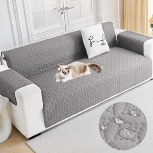 ENVEHUG Sofa Cover for 3 Cushion Couch Water Resistant Slipcover Furniture Protector Washable Couch Cover with Non Slip and Elastic Straps for Kids Dog Cat Pet (Grey, 124x76)