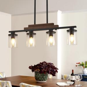 Pendant Lights Kitchen Island, 4-Light Farmhouse Chandeliers for Dining Room, Black Linear Chandelier with Clear Glass Shades, Modern Rustic Wood Chandelier with Adjustable Height