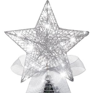 Sumind 9.8 x 11.8 Inch Christmas Star Tree Topper Glittered Star Metal Plug in Treetop Ornaments with Bow and 30 LED String Light for Christmas Tree Indoor Holiday Party Decoration(Silver)
