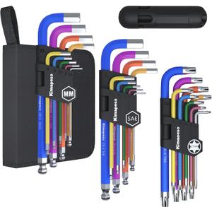27 PCS Allen Key Set Torx SAE Metric Allen Wrenches Set Long Arm Ball End Hex Key Wrench Sets with T-Handle L-Hex Key Set Metric 1.5 to 10mm SAE 1/16 to 3/8 Torx T10 to T50