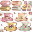 24 Sets Vintage Floral Tea Party Cups 7 OZ Disposable Paper Tea Cups with Handle and Plates Teacups and Saucer Sets for Baby Bridal Shower Wedding Birthday(Vintage Style)