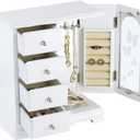 RR ROUND RICH DESIGN Jewelry Box - Made of Solid Wood with 4 Drawers Organizer and Built-in Necklace Carousel and Large Mirror White