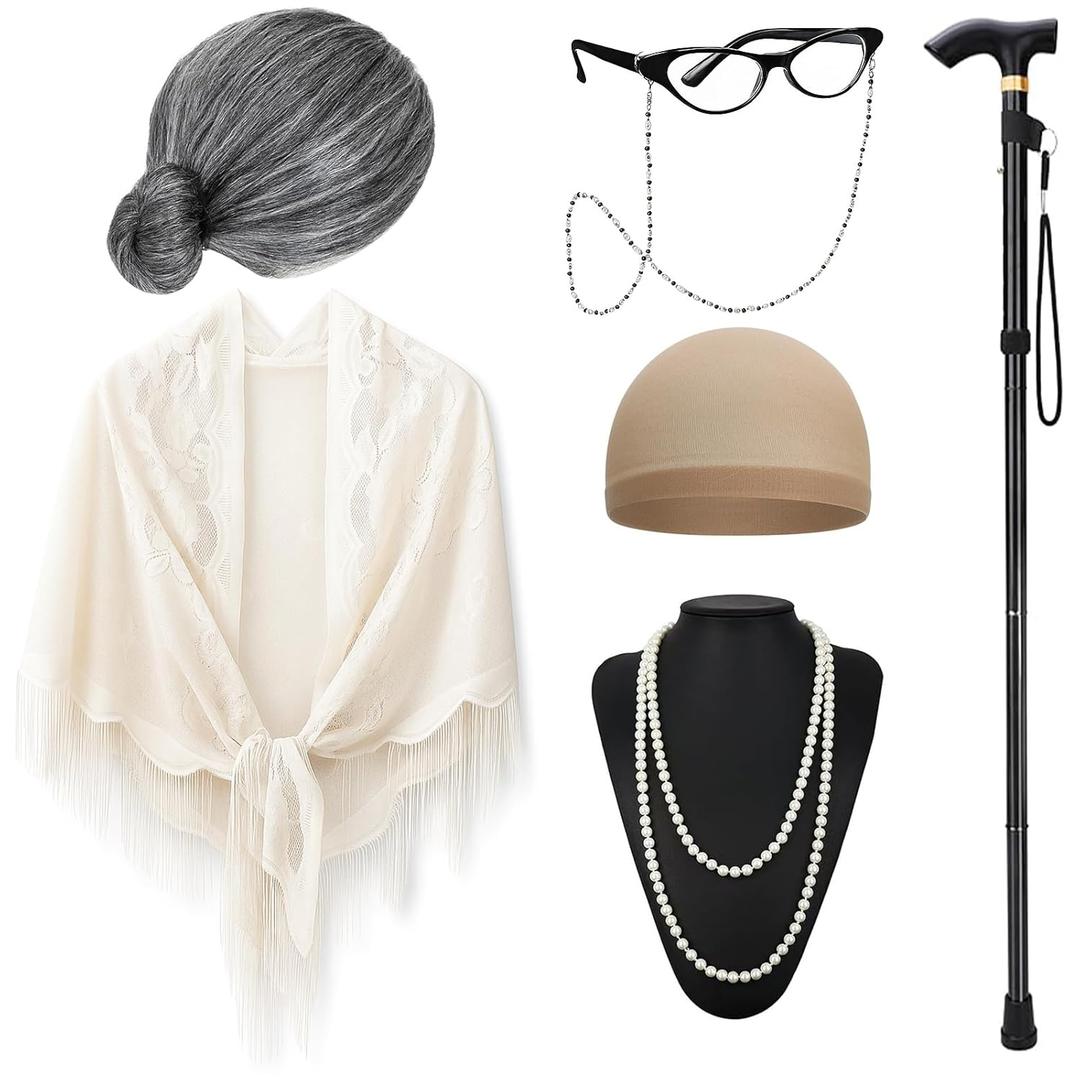 Santoy Old Grandma Wig Costume Set for Women and Girls - Perfect for 100 Days of School, Halloween Cosplay, Includes Lady Granny Gray Wig, Cane and Other Accessories for Adults and Kids