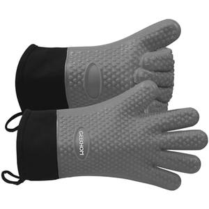 GEEKHOM BBQ Gloves Heat Resistant Oven Mitts - Silicone Grilling Gloves with 13.7" Arm Protection - Waterproof Pot Holder Non-Slip for Men & Women, Kitchen Outdoor Cooking, Baking, Camping, Light Gray