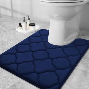 OLANLY Memory Foam Toilet Rugs U-Shaped 24x20, Ultra Soft and Absorbent Bathroom Rugs, Non-Slip, Comfortable, Machine Washable Contour Bath Mat for Toilet Base, Home Decor Accessories, Navy