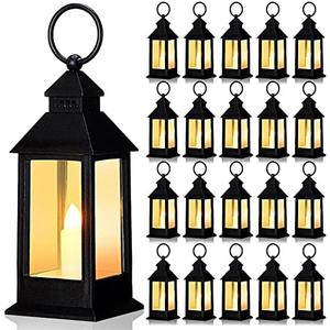 Hoolerry 24 Set Christmas Mini Lanterns with LED Candles 5.5'' Decorative Hanging Small Vintage Lantern Centerpiece Battery Powered for Wedding Table(Black)