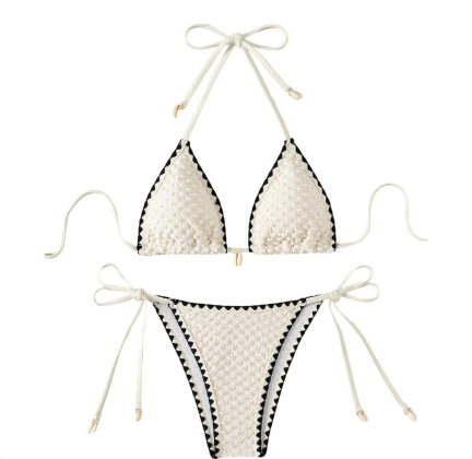 Women's 2 Piece Triangle Beach Bikini Sets Color Block Halter Swimsuit Bathing Suit , Large, Beige