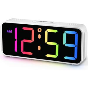 Peakeep Small Digital Alarm Clock Plug in for Kids Bedroom Bedside Nightstand, 8 RGB Colors Large Display Dimmable 6 Brightness, Corded Electric Battery Backup (White - RGB) (White With Colorful)