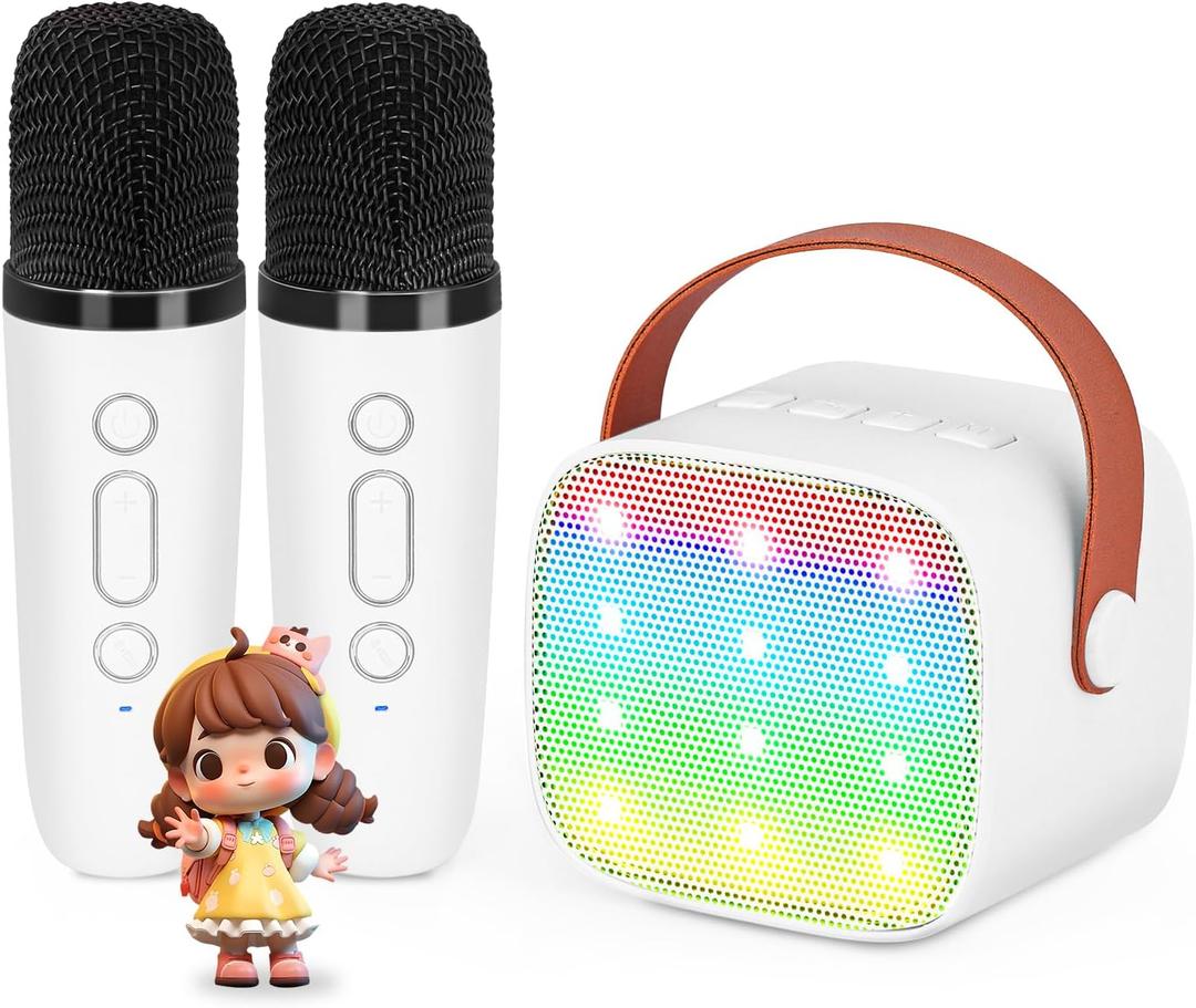 Mini Karaoke Machine with 2 Wireless Microphones for Kids, Kids Toys for Girls and Boys, Portable Bluetooth Speaker Gift for Girls 4, 5, 6, 7, 8+ Year Old Birthday Party(White)