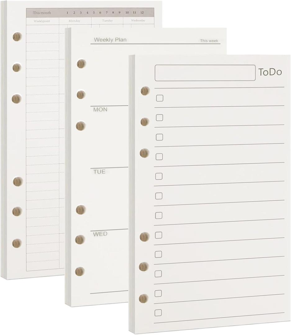 135 Sheets A6 Planner Refill, 100GSM Monthly Weekly To Do list Refills 6 Ring Planner Accessory for 6 Ring Refillable Binder Journal, 6.8 x 3.7 inches