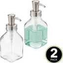 mDesign Square Glass Refillable Liquid Soap Dispenser Pump Bottle for Bathroom Vanity Countertop, Kitchen Sink - Holds Hand Soap, Dish Soap, Hand Sanitizer, Essential Oils - 2 Pack - Clear/Brushed