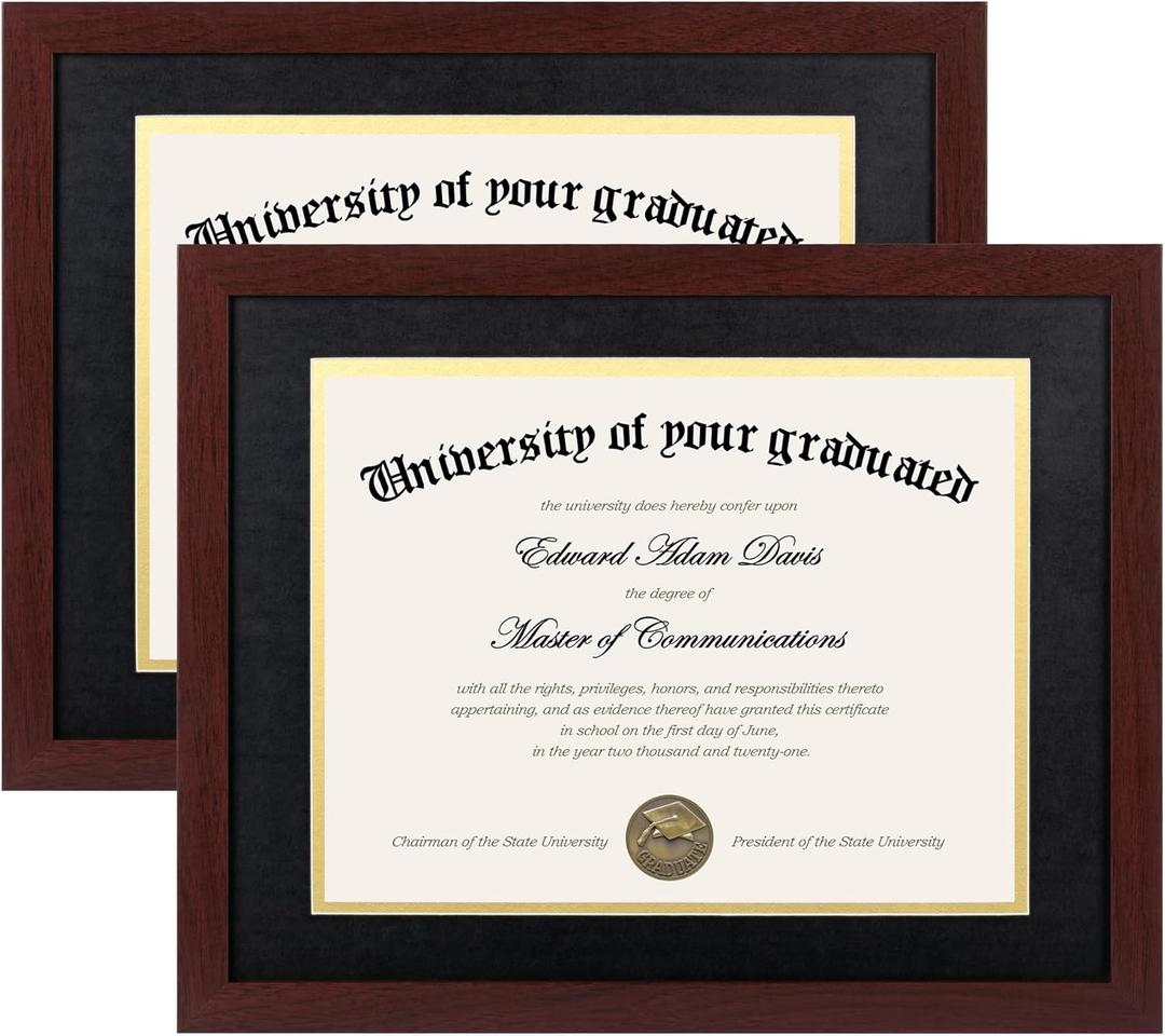 Upsimples 11x14 Diploma Frame Certificate Degree Document Frame with High Definition Glass, 8.5 x 11 with mat for Wall and Tabletop, Mahogany Double Mat, 2 Pack