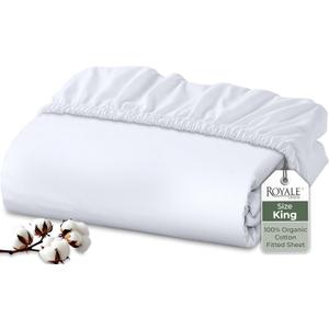 Royale Linens 100% Organic Cotton Fitted Sheet - Percale Weave - Super Soft Deep Pocket Bottom Sheets - White Elastic Sheet King Size - King Fitted Sheets Only - (78"x80"+15", White)