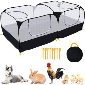 Small Animals Playpen,Pet Cage Tent Large Chicken Run Coop with Detachable Bottom Breathable Transparent Mesh Walls, Foldable Pet Enclosure for Puppy Kitten Rabbits Indoor Outdoor playpen (Black with Detachable Bottom)