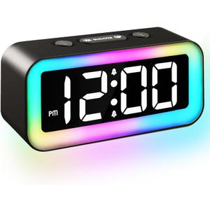 Colorful Nightlight LED Digital Alarm Clock with Super Loud Dual alarm, Weekday mode, Snooze, Dimmer, USB Charging Port for Livingroom, Bedroom, Bedside, Heavy Sleeper, Adult, Kid, Teens, gift, Black