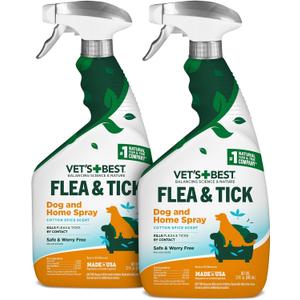 Vet's Best Natural Indoor Flea and Tick Spray  Dog Flea and Tick Treatment for Home, Plant-Based Formula with Natural Oils, Kills Fleas, Eggs & Ticks on Contact, USA Made, Cotton Spice, 32 oz, 2-Pack