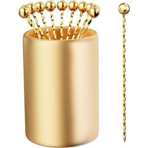 Metal Cocktail Picks 12Pack+Holder Kit, 304 Stainless Steel Toothpicks, Reusable Cocktail Skewers, Garnish Picks Bloody Mary Skewers, Martini Picks for Olives Appetizers Fruit (Golden X)