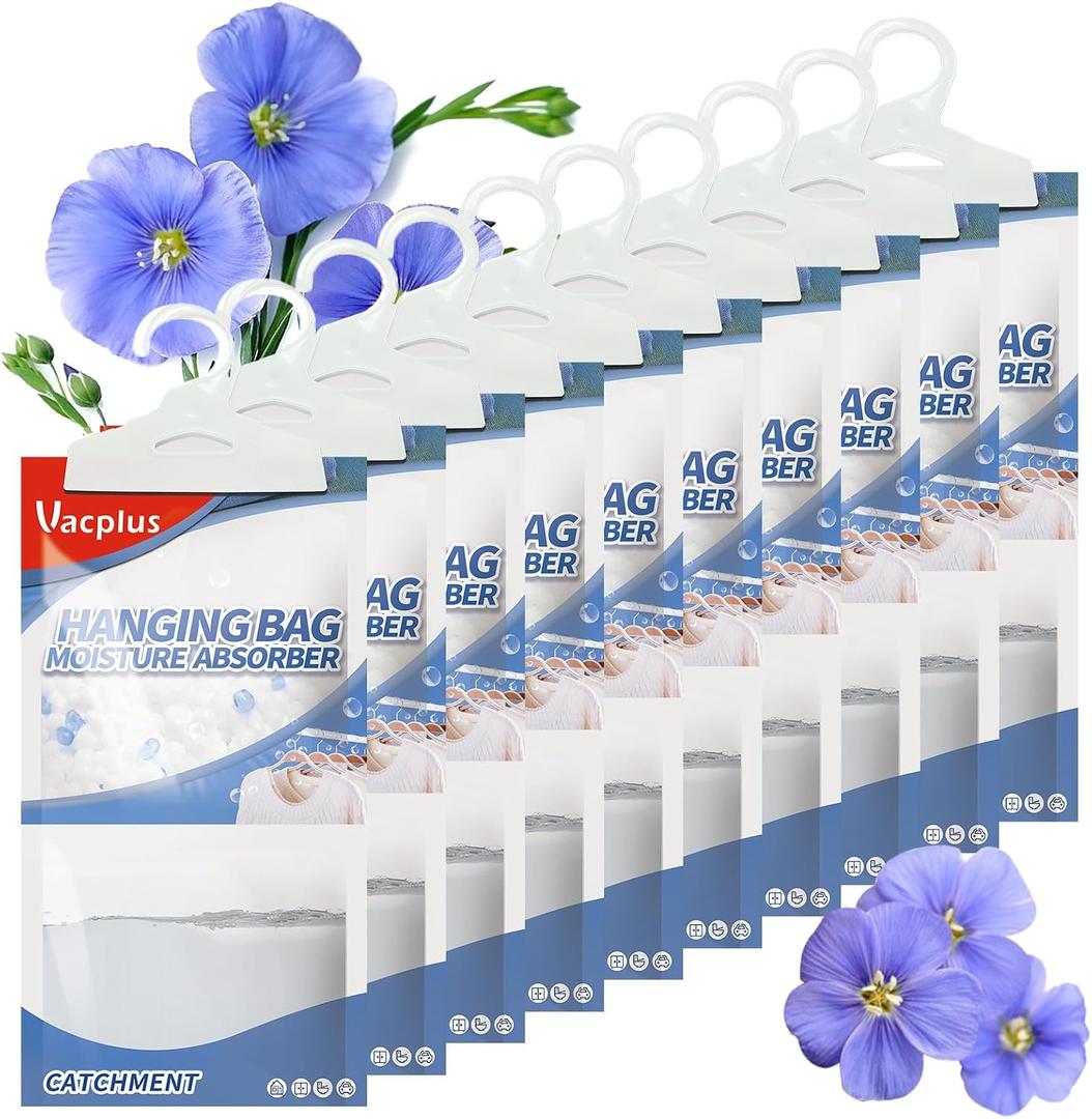 Vacplus Moisture Absorbers, Hanging Closet Dehumidifier Bags, Humidity Packs, Desiccant, Closet Dehumidifiers with Linen Fragrance, 10 Pack, 9.8 OZ