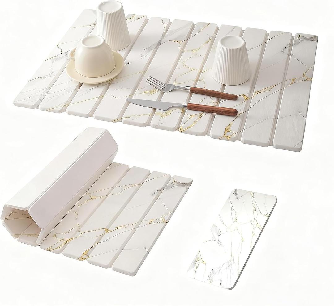 2 PCS Large Stone Drying Mats for Kitchen CounterQuick Dry Stone Dishes MatsDiatomaceous Stone Dish Mat, Foldable and Super Absorbent Drain Drying Mat for Dishes Pans Glassware24"16" & 8"x4"