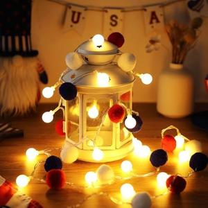 Pack of 2, Tuanse 20 Pack LED Pom Poms Fairy Light LED Light String 5.91 ft Red White and Blue Fur Ball Round Battery Operated String for Patriotic Party Home Bedroom Holiday Decor