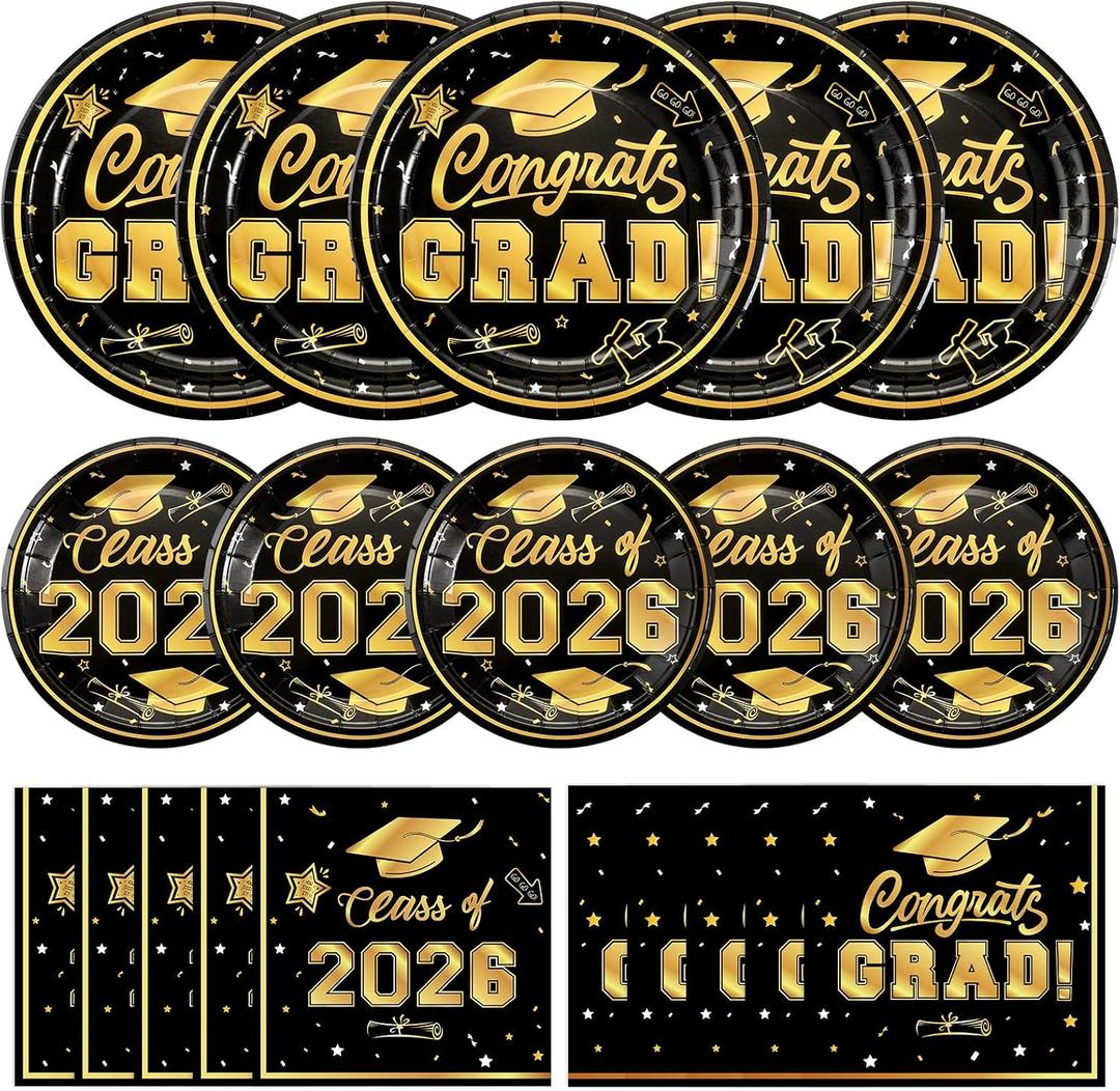 Litmitfu 150 Pcs Graduation Plates and Napkins 2026 - Black Gold Congrats Grad Class of 2026 Paper Dessert Dinner Plates Napkins Set for Graduation Party Decorations Supplies Table Decor, Serves 50