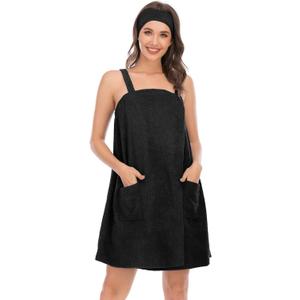 Veseacky Women Bath Wrap Towel for Womens Shower with Pocket Adjustable Spa Robe & Facial Headband (Black, L)