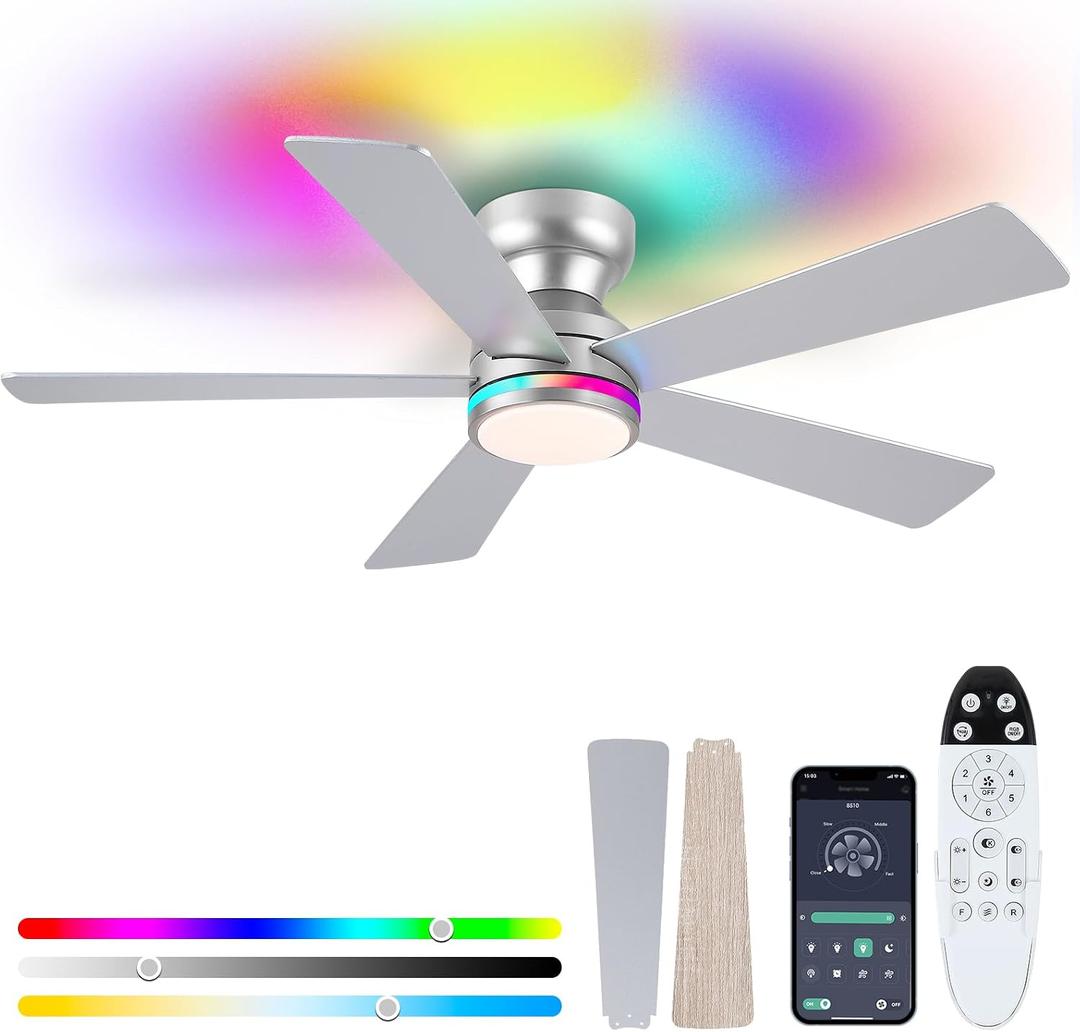 RGB Ceiling Fans with Lights, 46" Flush Mount Ceiling Fan with Remote APP, RGB+3CCT Dimmable Led Light, Reversible 6 Wind Speeds&2H Timer, Low Profile Modern Fan Light Fixture for Bedroom Party, 46 in, Silver RGB