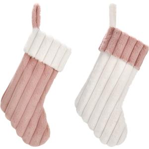 ONGLYP Christmas Stockings 2 Pack,20'' Soft Plush Faux Fur Textured Xmas Stockings with Plush Cuff,Luxury Large Christmas Stocking Hanging Ornaments Gift Bags for Christmas Decorations (Pink+White)