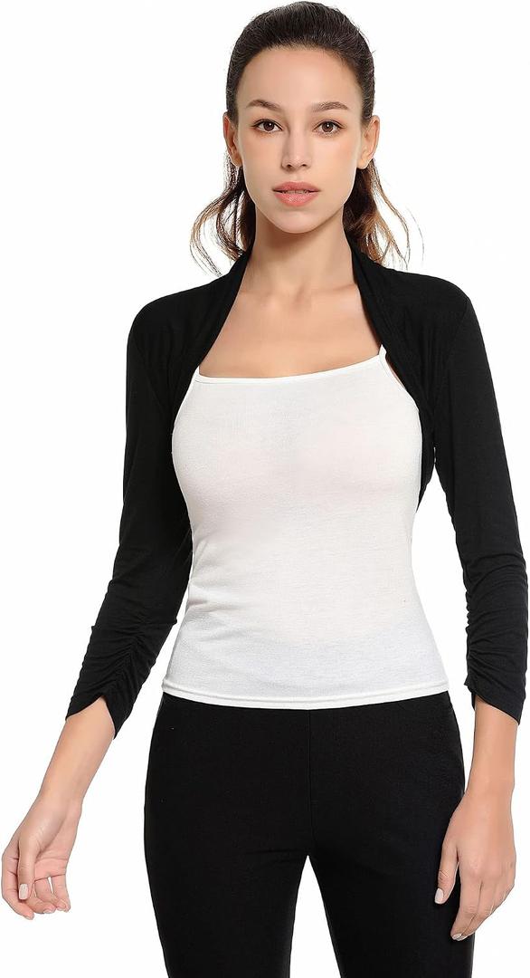 AmlieBoutik Women Ruched 3/4 Sleeve Bolero Cropped Cardigan Shrug, Large