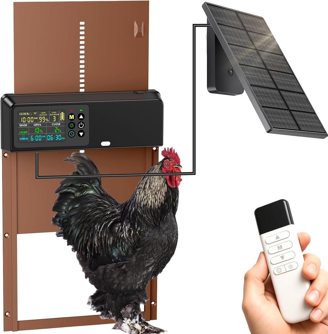 Automatic Chicken Coop Door Solar Powered with Timer&Light Sensor Remote Control 4Modes,Adjustable Anti-Pinch Strength & Weather Poof 1