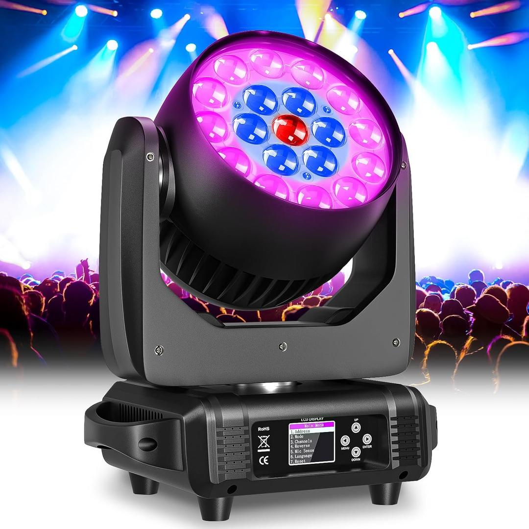 LED Moving Head Light 19x15W Beam/Wash/Zoom Effect, RGBW 4in1 Stage Lights Professional Auto, DMX512,Sound Activated and Self-propelled Control DJ Lights for Music Party Disco Wedding (1PC)