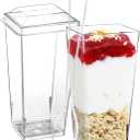 SHOPDAY 3 oz Mini Dessert Cups with Lids and Spoons 50 Pack, Small Plastic Dessert Cups for Party, Clear Square Cups for Parfait Yogurt, Shooter Cup Tumbler Cup for Appetizers Jello Mousse