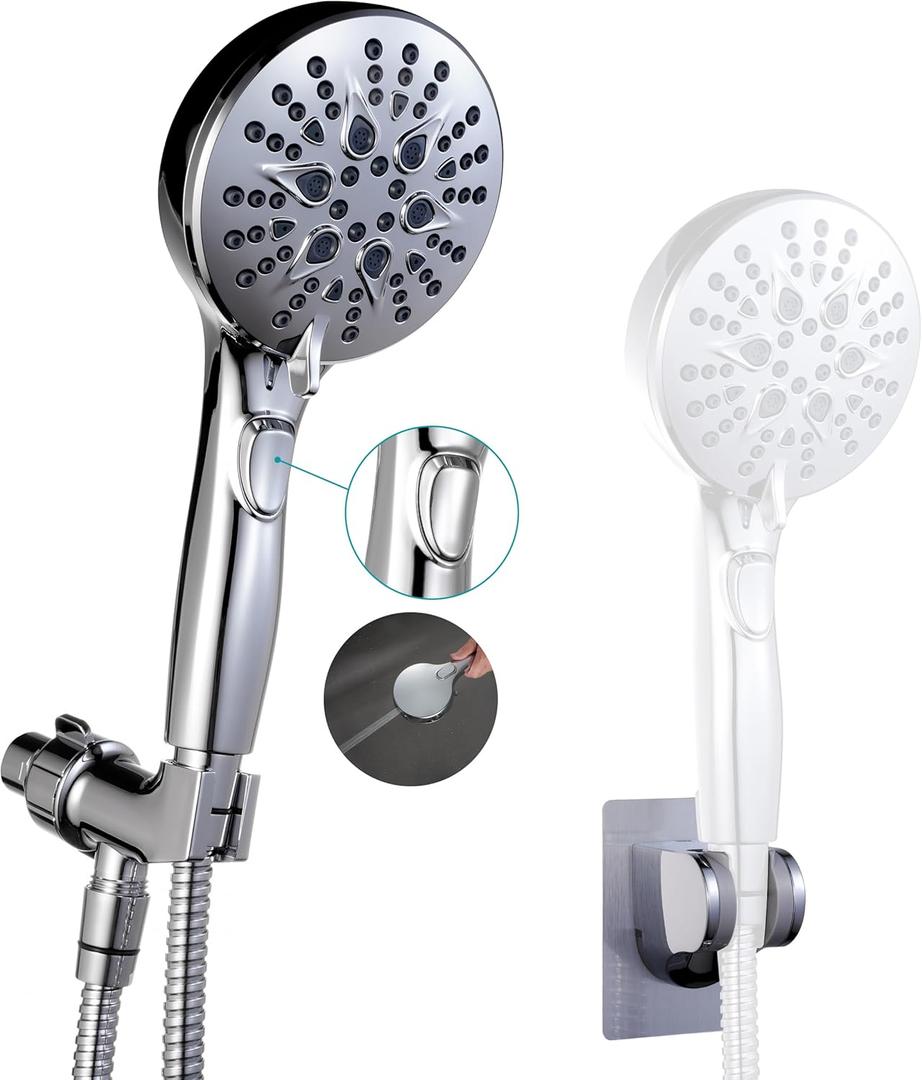 Handheld Shower Head with on off Switch&Built-in Power Spray,7-Setting High Pressure Spray Shower Wand with 79in Long Hose&Bracket and Extra Adhesive Shower Holder for Lower Mount,Chrome (Silver)