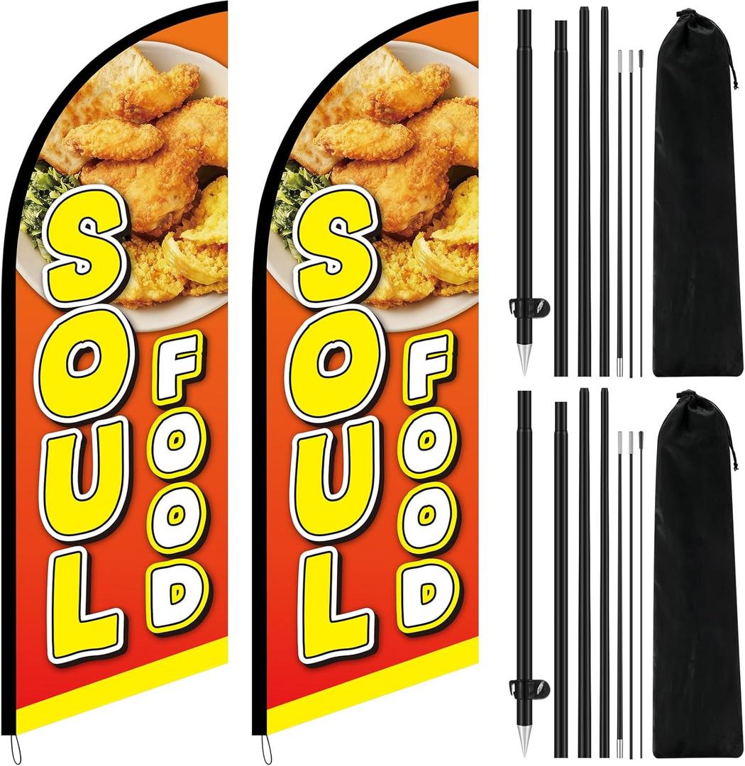 2 Sets 8.2 ft Soul Food Advertising Feather Flag with Pole Kit and Ground Spikes Soul Food Restaurant Swooper Banner Signs for Restaurant Trucks Business