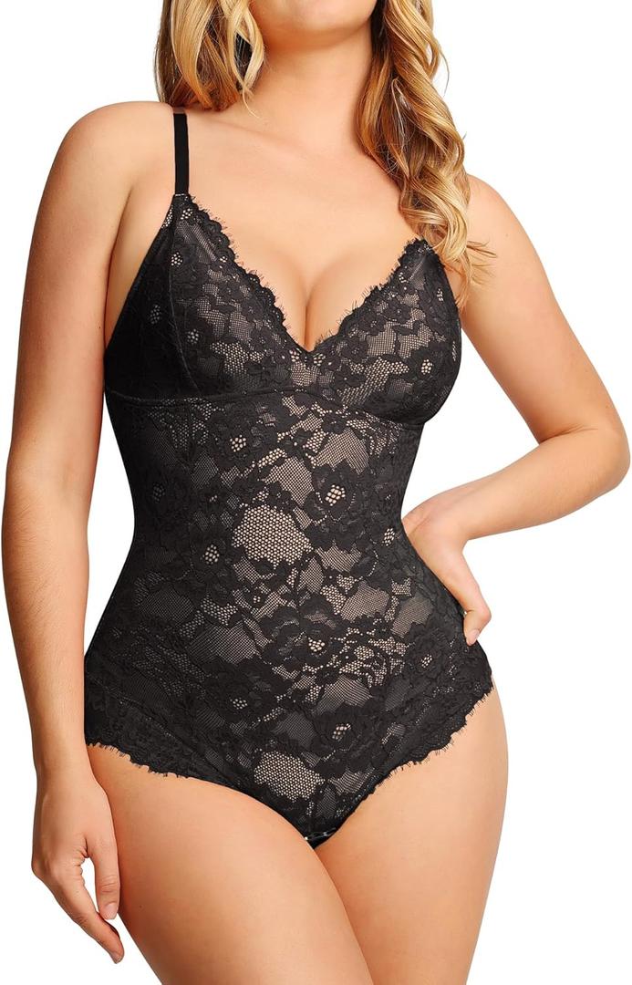 Popilush Shapewear Bodysuit V Neck Tummy Control Backless Lace Tank Tops Sleeveless Thong Bodysuit (M (4-6), Black)