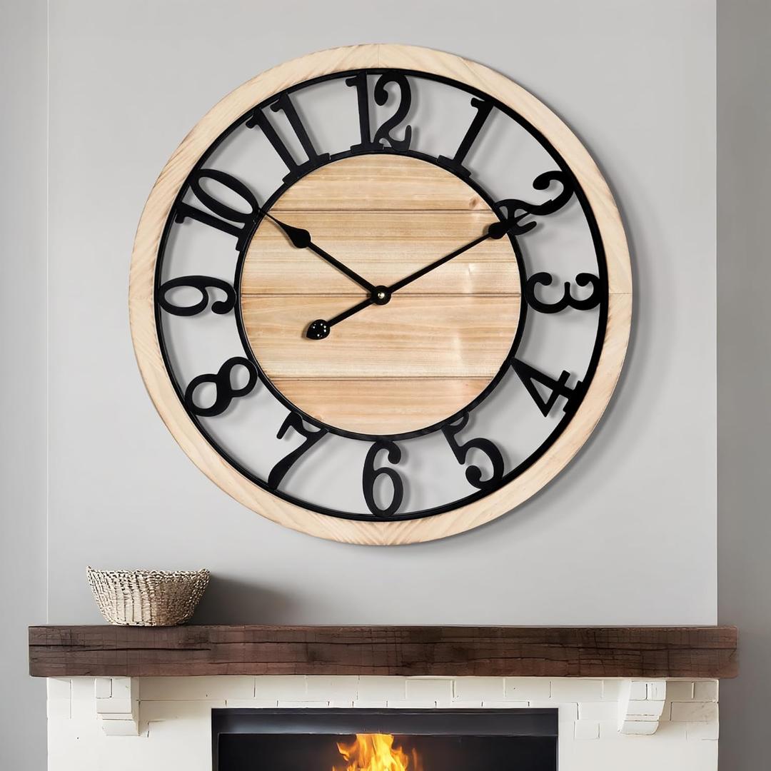 LEIKE 24 Inch Large Wall Clock - Rustic Wooden Silent Non-Ticking Wall Clock with Black Metal Frame, Vintage Farmhouse Decorative for Living Room, Bedroom, Kitchen - Arabic Numerals, Modern Design