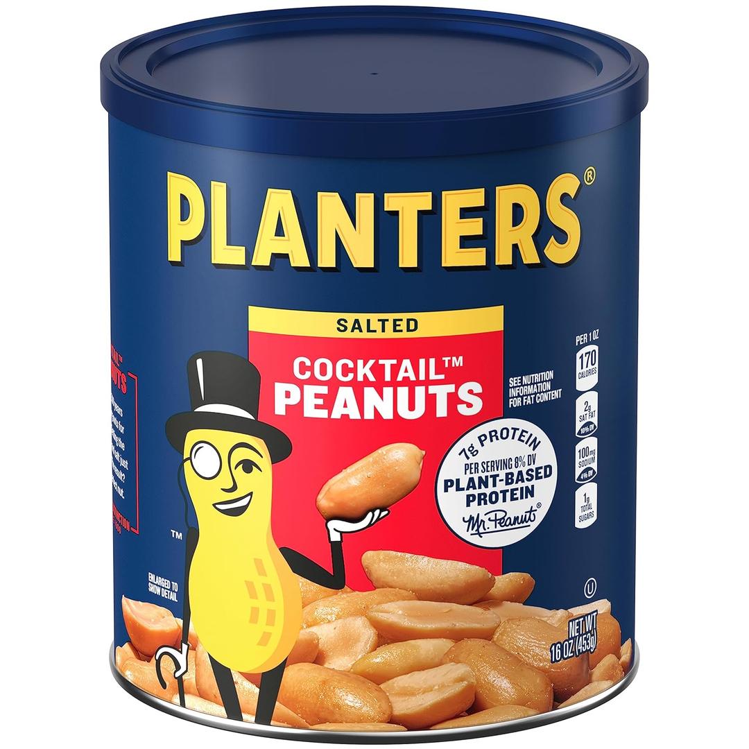 PLANTERS Salted Cocktail Peanuts, Plant-Based Protein, Bold & Savory Party Snacks, Peanut Snack, 16 Oz Jar (Pack of 6) (EXP 11/09/27)