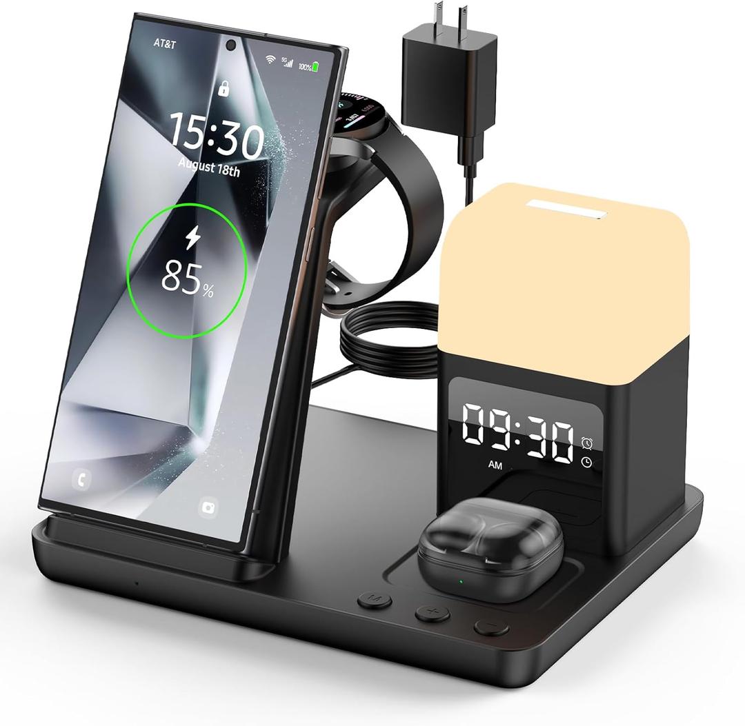 Wireless Charger for Samsung/Android Charging Station, 6 in 1 Fast Watch Charger with Alarm Clock-Night Light, Compatible for Galaxy S25 Ultra/S24, Only for Samsung Watch8/7, Galaxy Buds3 Pro(Black)