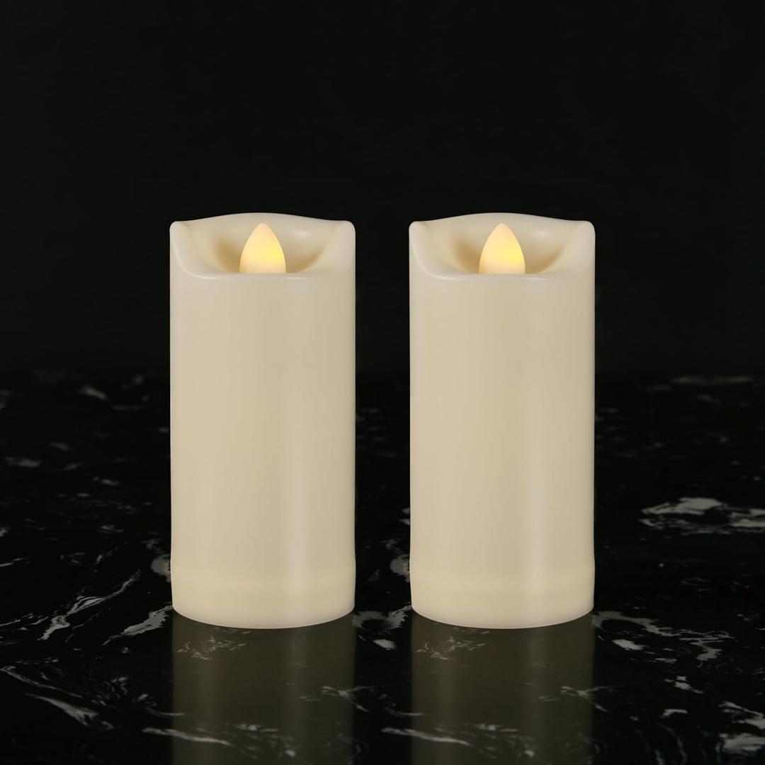 Waterproof Outdoor Flameless Candles with Timer, Battery Operated Flickering LED Pillar Candles for Home, Wedding Decoration, Slim Tall, Ivory Plastic, 2" X 5", 2 Pack (2 Pack-D2"x H5")
