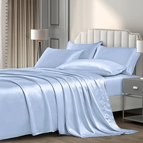 P Pothuiny 6 Pieces Queen Satin Sheets Luxury Baby Blue Satin Bedding Sheet Set, 1 Deep Pocket Fitted Sheet + 1 Flat Sheet + 4 Pillow Cases