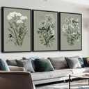 Vibrant Flowers Canvas Wall Art - White Floral Framed Wall Decor Aesthetic Spring Pictures Botanical Paintings Sage Green Art Prints for Living Room Bedroom Dining Room 16" X 24" X 3 Panels, 16" X 24" X 3pcs Framed