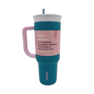 Owala Stainless Steel Triple Layer Insulated Travel Tumbler with Spill Resistant Lid, Straw, and Carry Handle, BPA Free, 40 oz, Green (Foggy Tide) No Tube