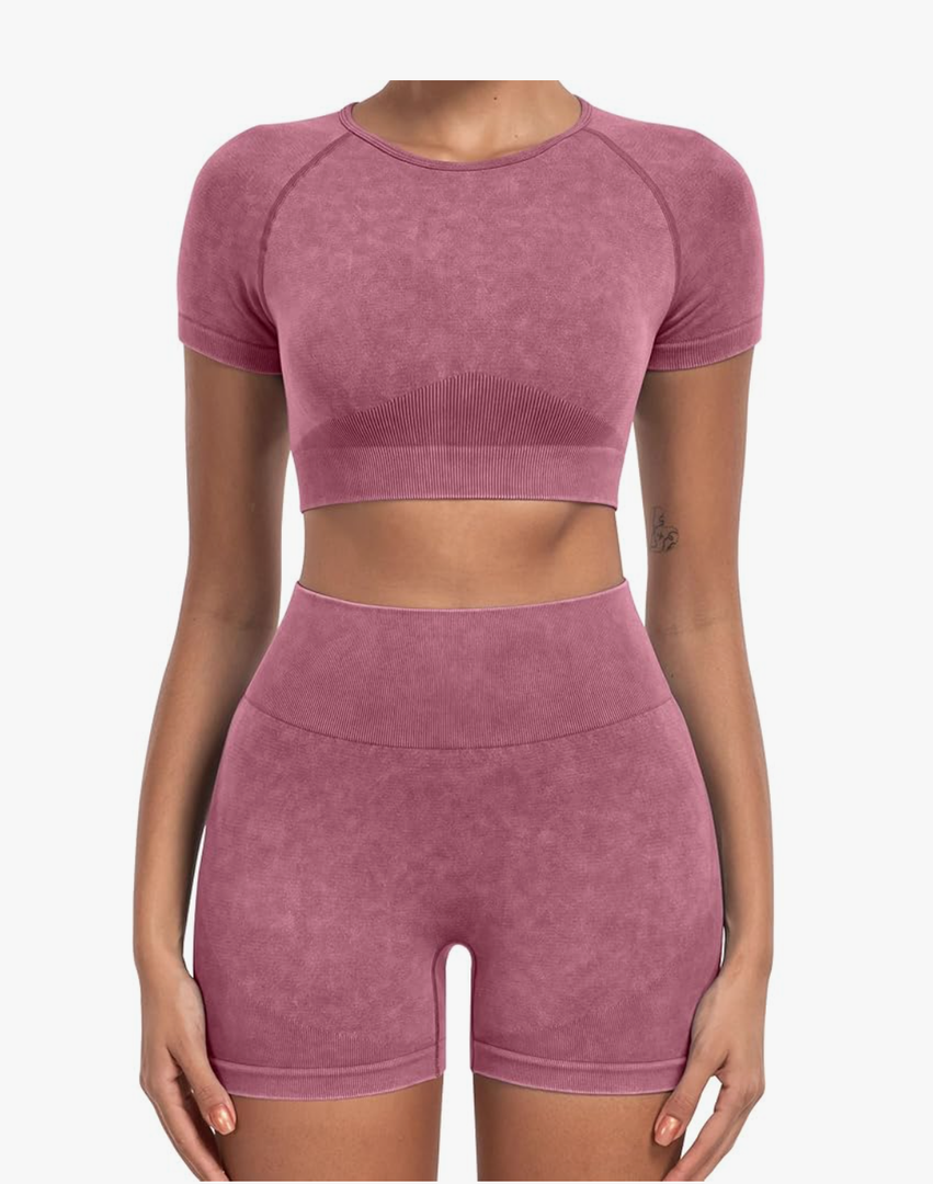 2 Piece Workout Short Sleevet Sets for Women,Seamless Summer Gym Tops High Waist Yoga Shorts Outfits M