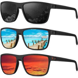 KALIYADI Polarized Sunglasses for Men, Lightweight Sun Glasses with UV Protection for Driving Fishing Golf, (3 Pack) Black/Ice Blue/Red)