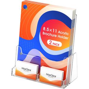MaxGear 8.5x11 inch Brochure Holder, 2 Pack Acrylic Display Stand with Business Card Slot, Countertop Literature, Flyer, Trifold, Pamphlet, Booklet Menu Organizer