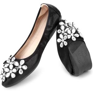 Women's Ballet Flats Rhinestone Soft Wedding Ballerina Shoes Foldable Sparkly Dress Comfort Slip on Flat Shoes (6.5, Black)