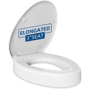 Elevated Toilet seat 3 inch, Elongated Toilet seat risers for Seniors, Slow Close, Heavy Duty, Never Loosen, Raised Toilet seat Elongated Bowl, White(18.5)