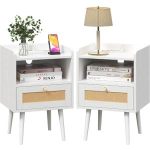 MECHYIN Night Stand Set 2, Nightstands Set of 2 with Charging Station, Rattan Side Tables with Solid Wood Legs, Boho Bedside End Table for Apartment Bedroom Dorm Small Space - White, 11.8"d X 15.9"w X 23.4"h