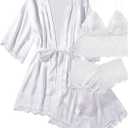 Hellomamma Silk Pajama Sets for Women: Satin Sexy Lingerie 4 Piece Sleepwear Cami Lace Pjs Set with Robes (White, L)